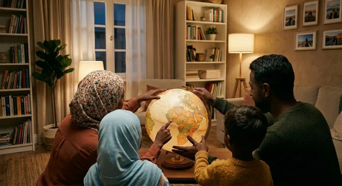 A Muslim family discovering the world together around a globe